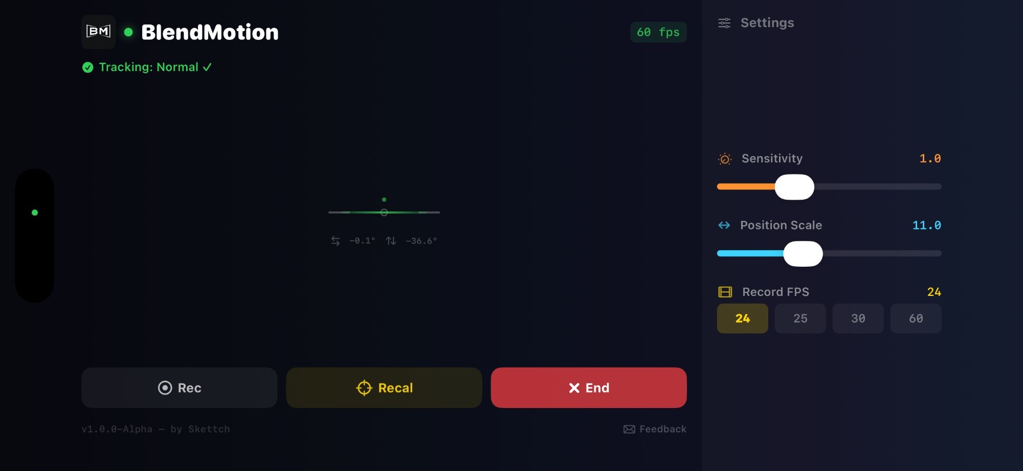 BlendMotion v1.0 iPhone tracking screen showing horizon indicator, ARKit status, and action buttons