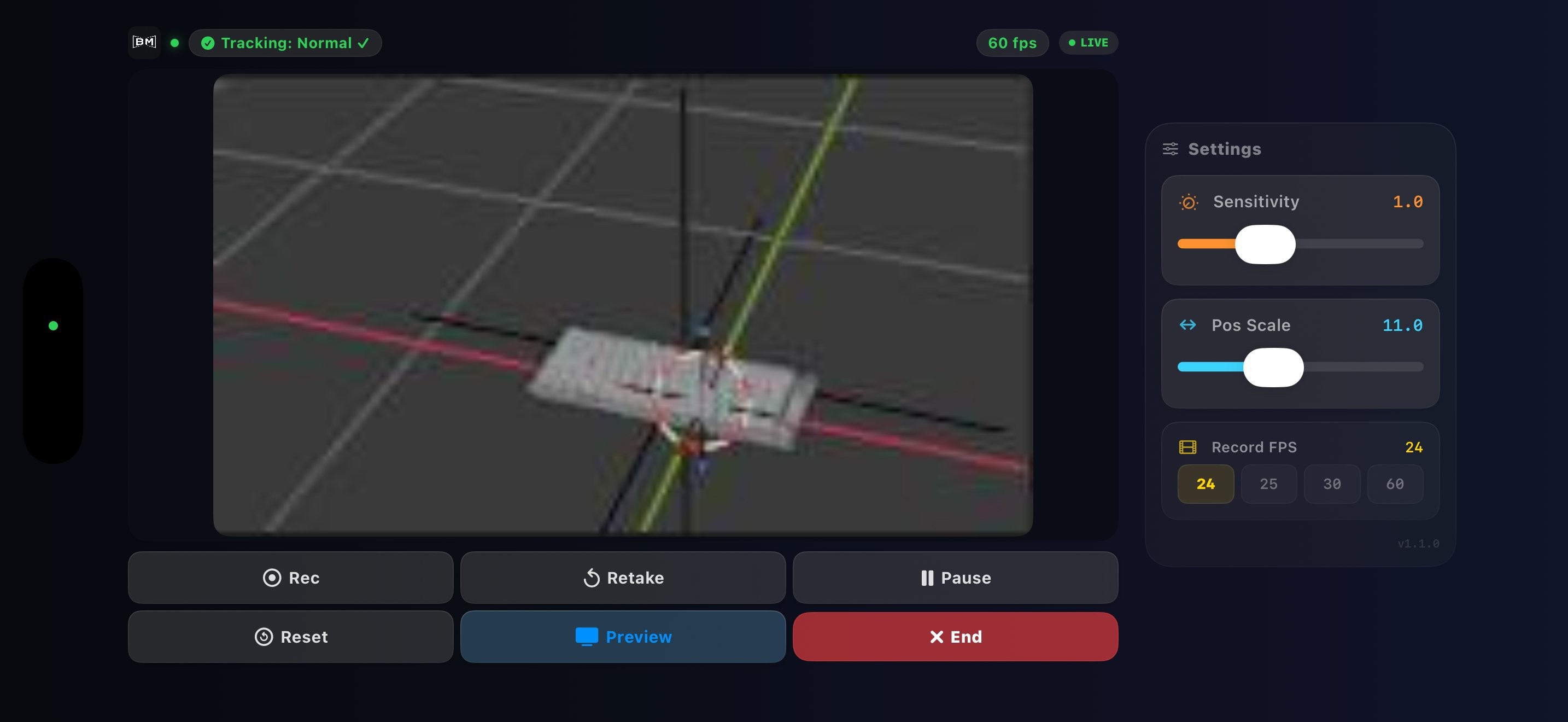 BlendMotion v1.1 iPhone tracking screen showing viewport preview, settings panel, and action buttons