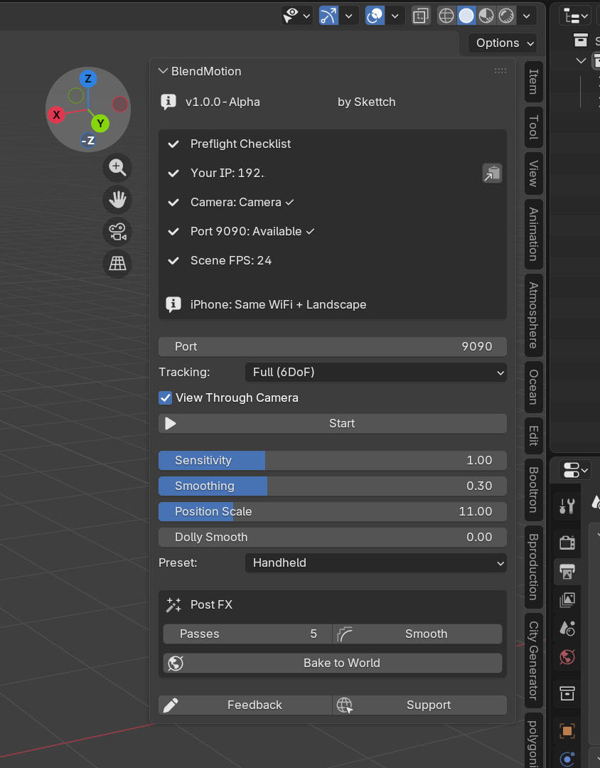BlendMotion full panel view showing all controls in idle state