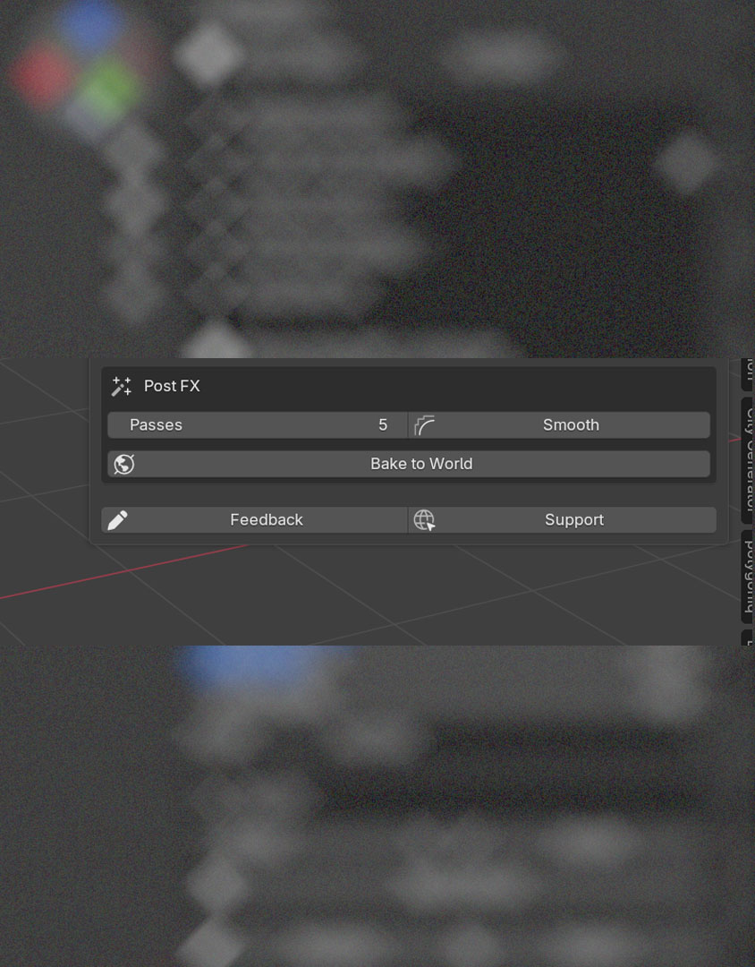Post FX section showing Passes slider, Smooth button, and Bake to World button