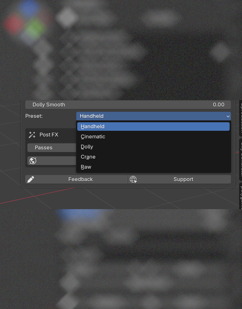 Preset dropdown showing Handheld, Cinematic, Dolly, Crane, and Raw options