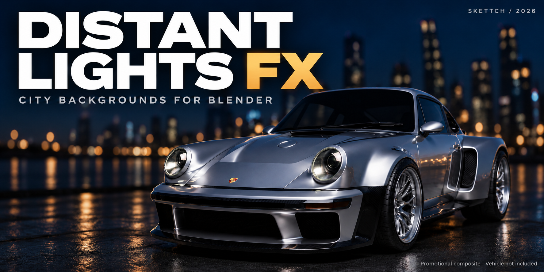 DistantLightsFX — City backgrounds for Blender. Silver sports car in front of a softly lit night city. Promotional composite; vehicle not included.